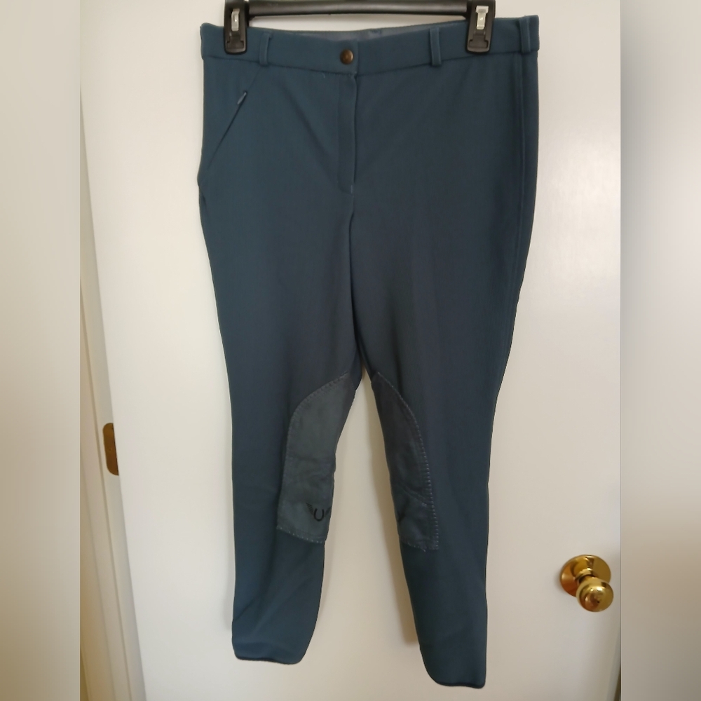 Front Zip Knee Patch Breeches. Smoke, Rib Low Rise, Ladies Size 30